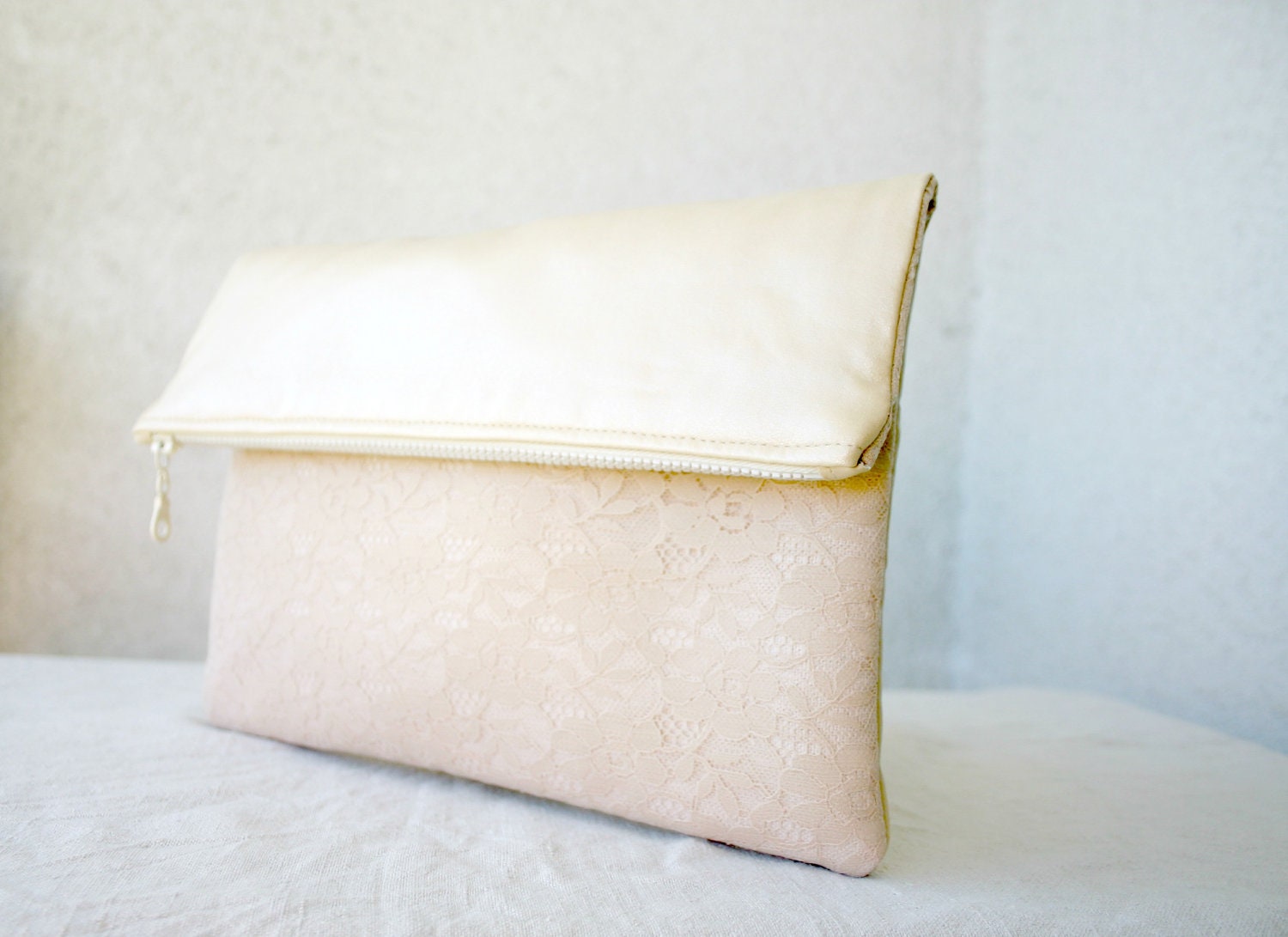 Leather and lace fold over clutch pearl effect faux vegan leather bridal clutch bridesmaids