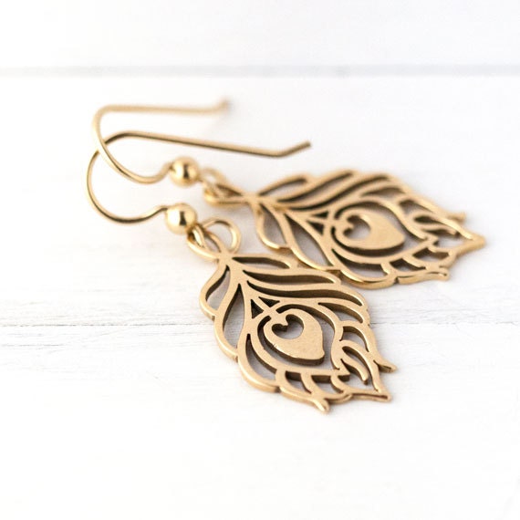 Gold Peacock Feather Earrings / Bronze Metal Feather Cutouts on 14k Gold Filled Ear Wires