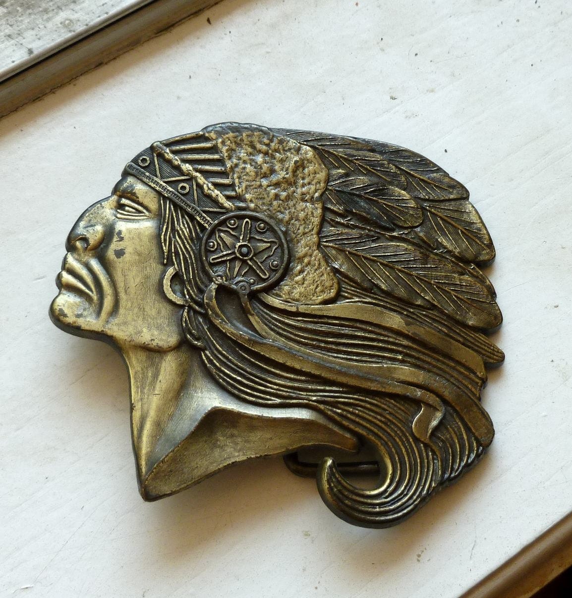 Vintage Indian Head Belt Buckle Brass Mens Womens