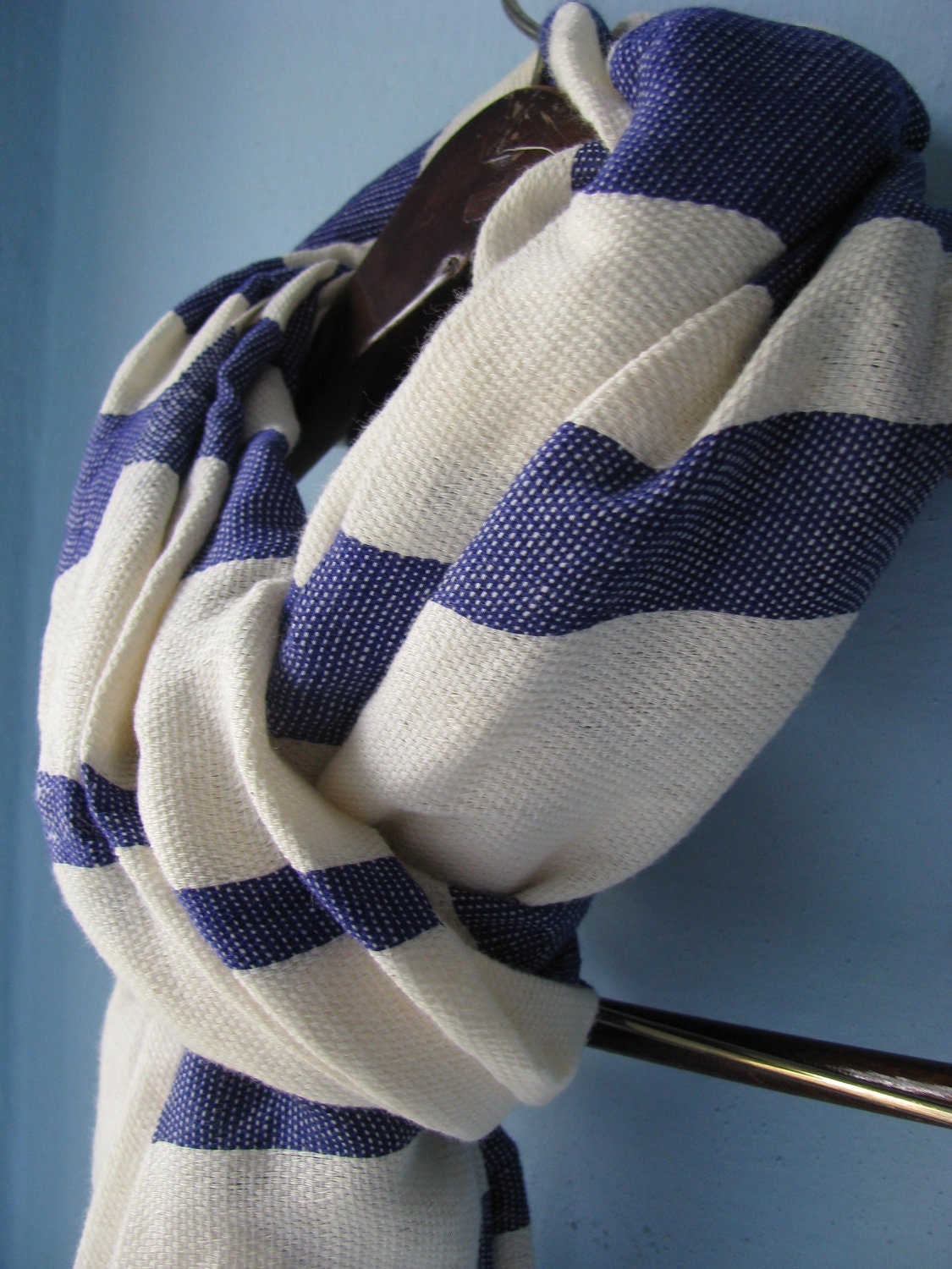 Blue Cotton Scarf- Men's Women Unisex Scarf, Ethiopian Scarf- Nautical Navy Blue & White Stripes Hand-woven Scarfs- Sea Summer Blue