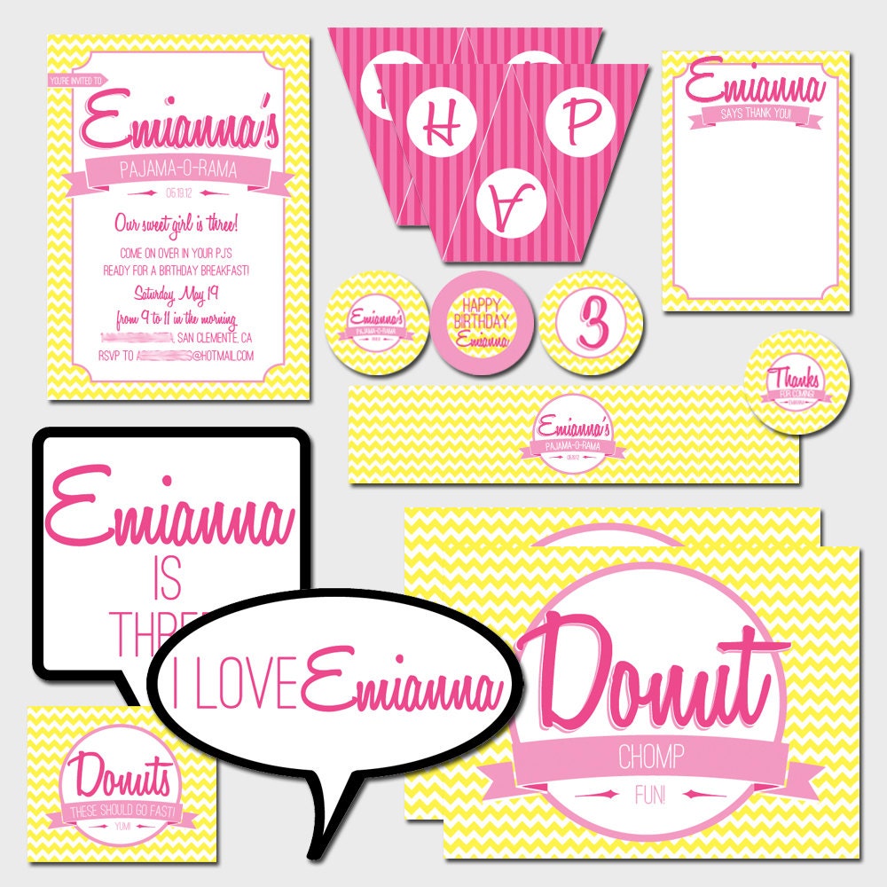 Pajama-O-Rama Theme Chevron Birthday Invitation - FULL PRINTABLE COLLECTION - Pink & Yellow Chevron - Cakes Likes A Party