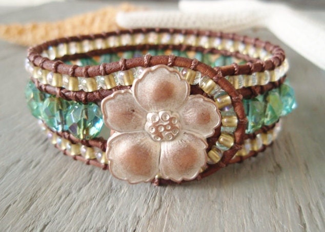 SALE 10% OFF- Leather cuff bracelet 'Mystic Lagoon ' aqua blue green, teal, iridescent gold, hibiscus, surfer beach girl, OOAK ready to ship