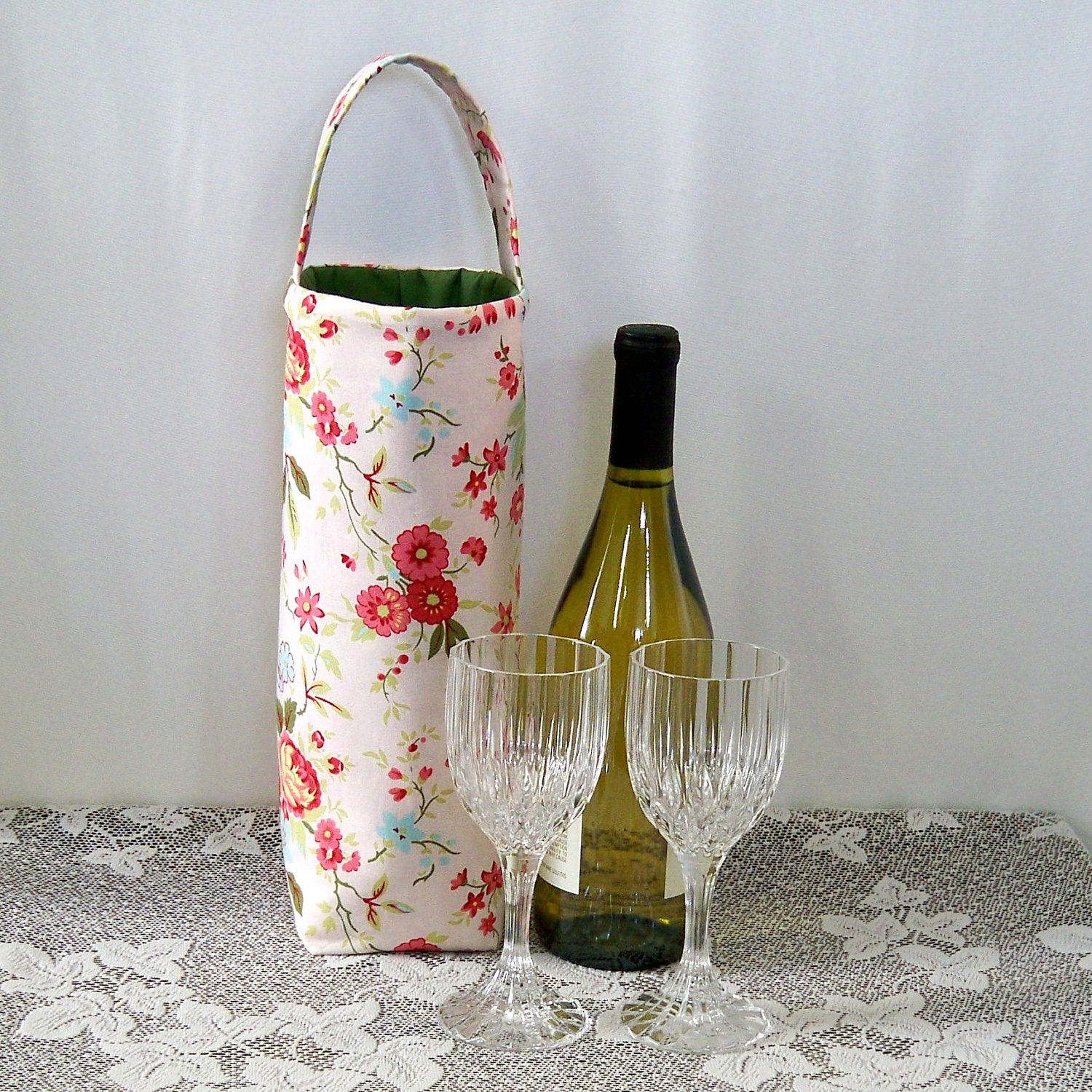 Wine Bottle Cozy Tote Bag Pink Reusable Floral Insulated Wine Bag Red Pink Blue Flowers Designer Fabric