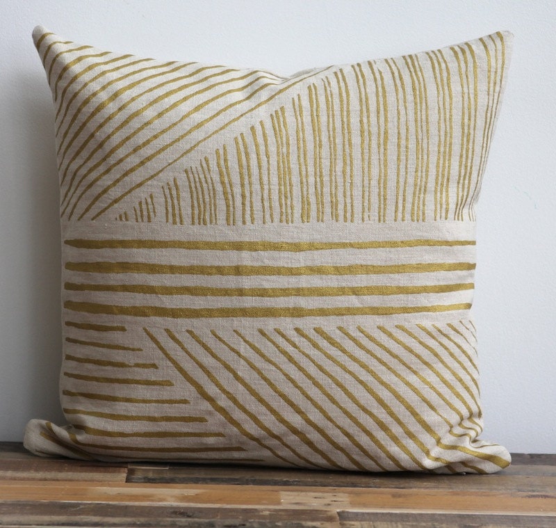 Karnataka in metallic ink hand printed on Natural Ecru organic hemp pillow cover 20x20