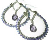 Wire Wrapped Hoop Earrings, Purple Beaded, Crystal Dangles, Silver