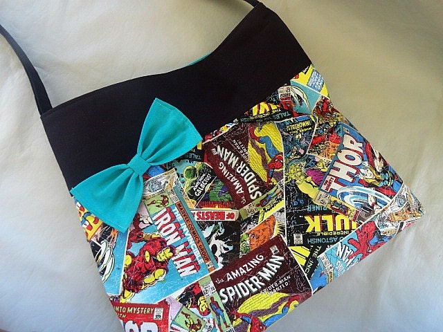 Vintage Marvel Heroes Collage Bag with Teal Interior and Side Teal Bow