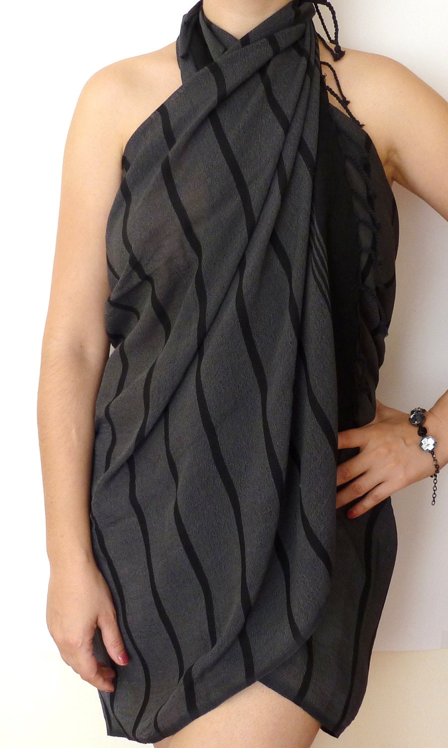 Organic Silk and Cotton Turkish Towel, Peshtemal, towel wrap, sarong, spa, yoga, bath, hammam, Xmas Gift, Grey / Black