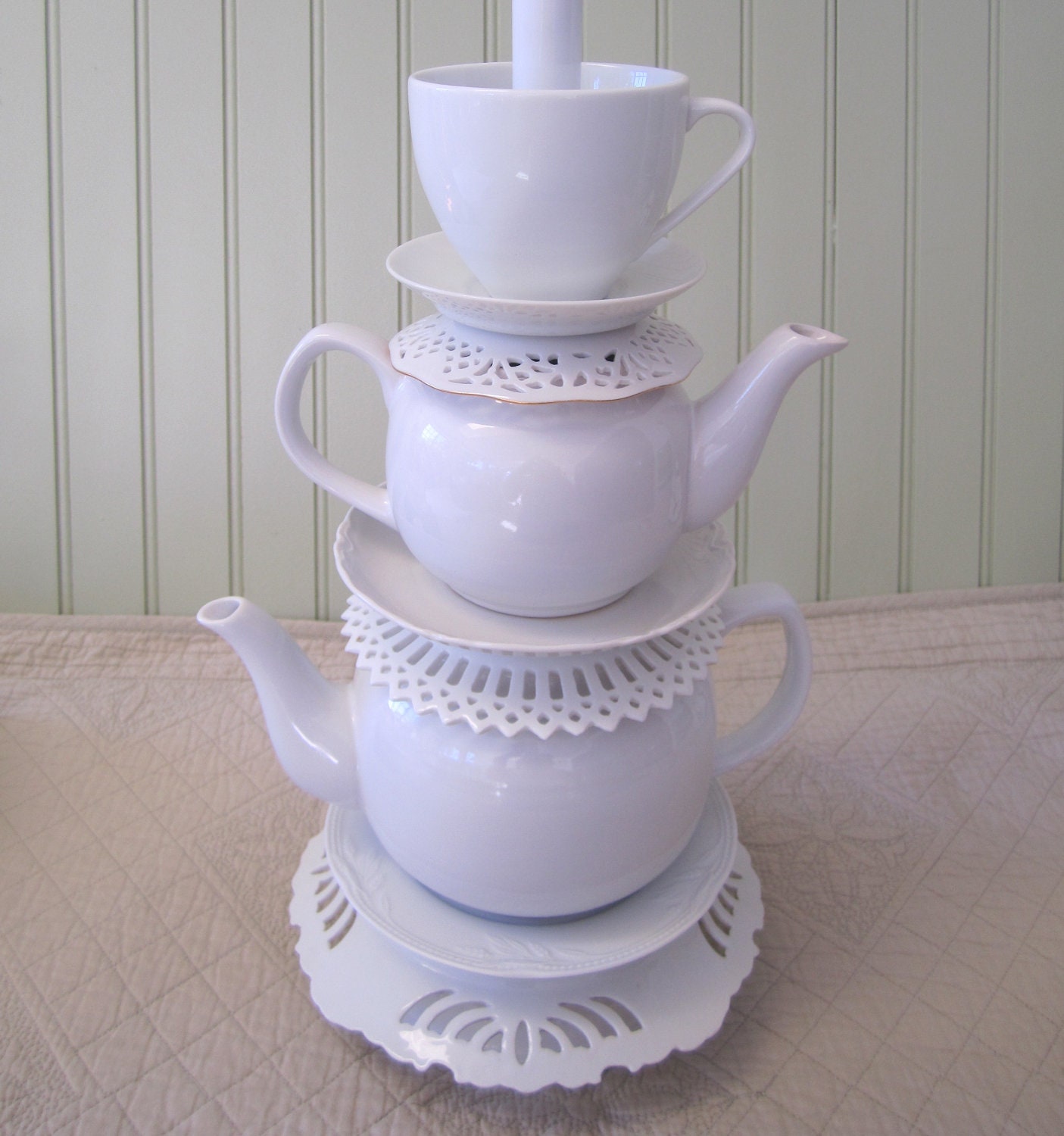 Teapot Lamp, White Stacked Teapots Tea Cup and Saucers, "Alison" Series, Alice in Wonderland Shabby Chic Country Beach Cottage