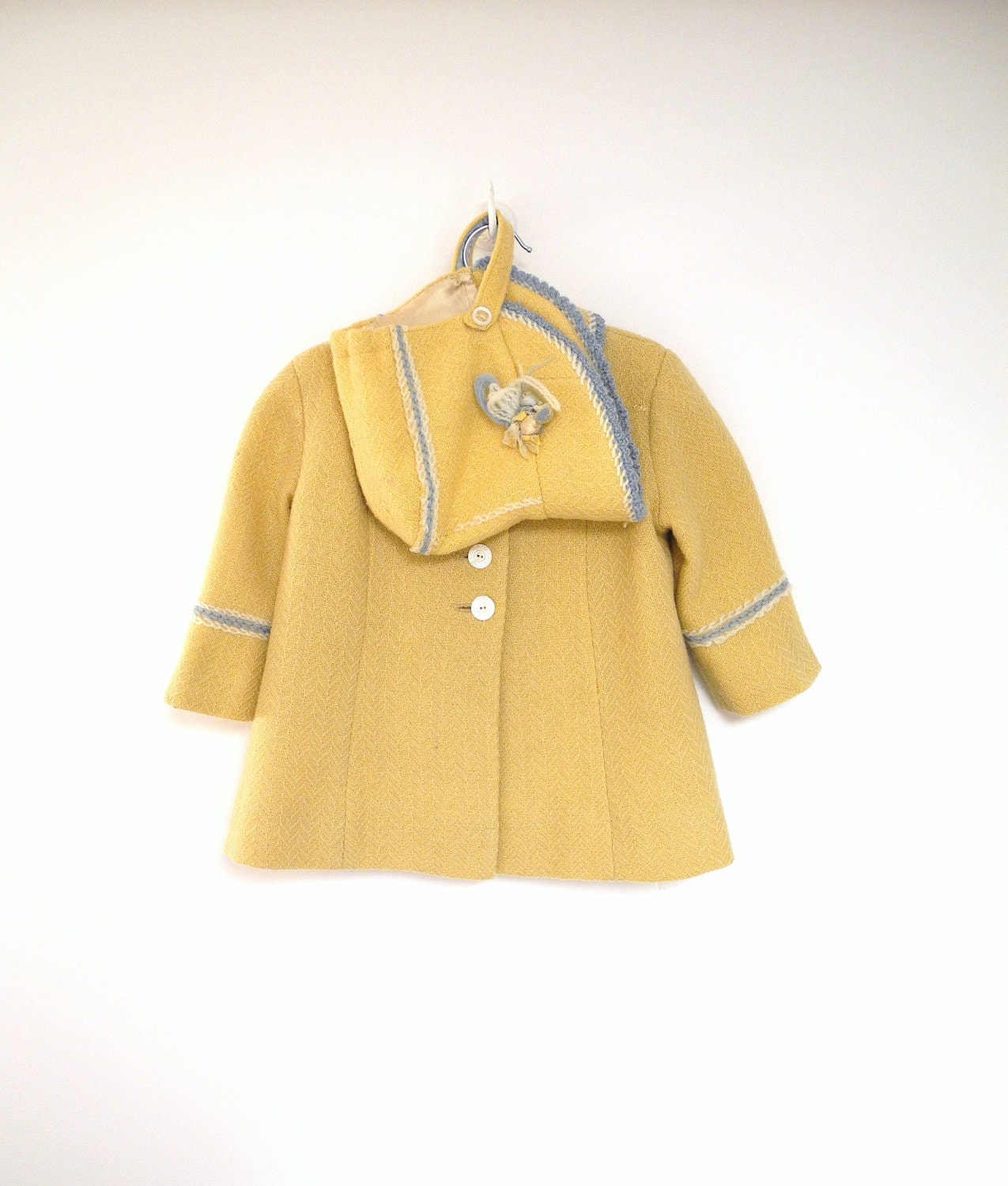 1950's Handmade Pale Yellow Embroidered Wool Coat and Matching Bonnet - BabyTweeds