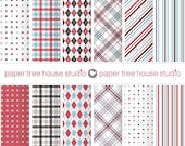 Digital Papers - Stripes, Plaid, Argyle and Square Patterns - Red, Blue and Gray - Twelve Print Ready Files - 12x12 or 8.5x11 inch
