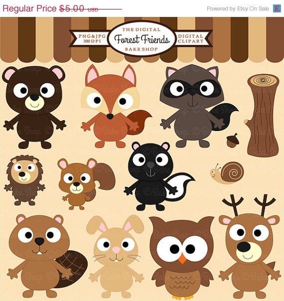 30% OFF woodland clipart digital clip art owl hedgehog bird fox beaver skunk squirrel snail - Forest Friends Clipart
