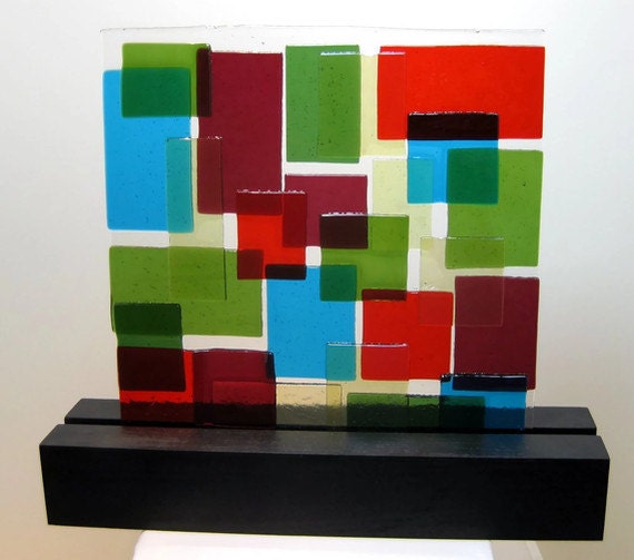 Abstract Art Glass Sculpture Mid Century Quilt Home Office Blue Red Crandberry Green