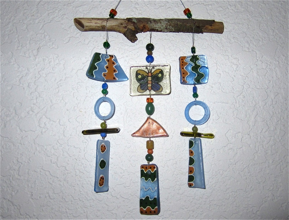 Multi-color Wind chime Recycled Glass and wood