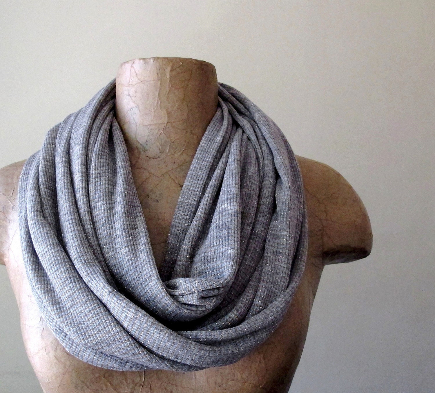 Heather Grey and Gold Infinity Scarf - Textured Knit Loop Scarf - Metallic Stripes Circle Scarf - Eternity Scarf