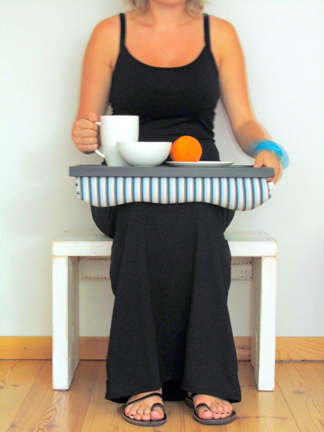 Laptop Lap Desk or Breakfast serving Tray, Stable table - Black with Aqua and Grey stripes - EJbutik