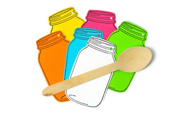 Mason jar rainbow tags .  6 gift tags . bright colors . raspberry . yellow . tangerine . turquoise . lime green . white . kitchen