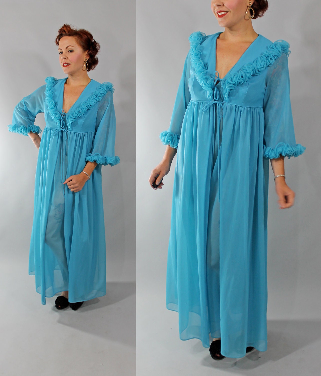 1960s Vintage Peignoir Set Blue Semi Sheer Nylon 60s Empire