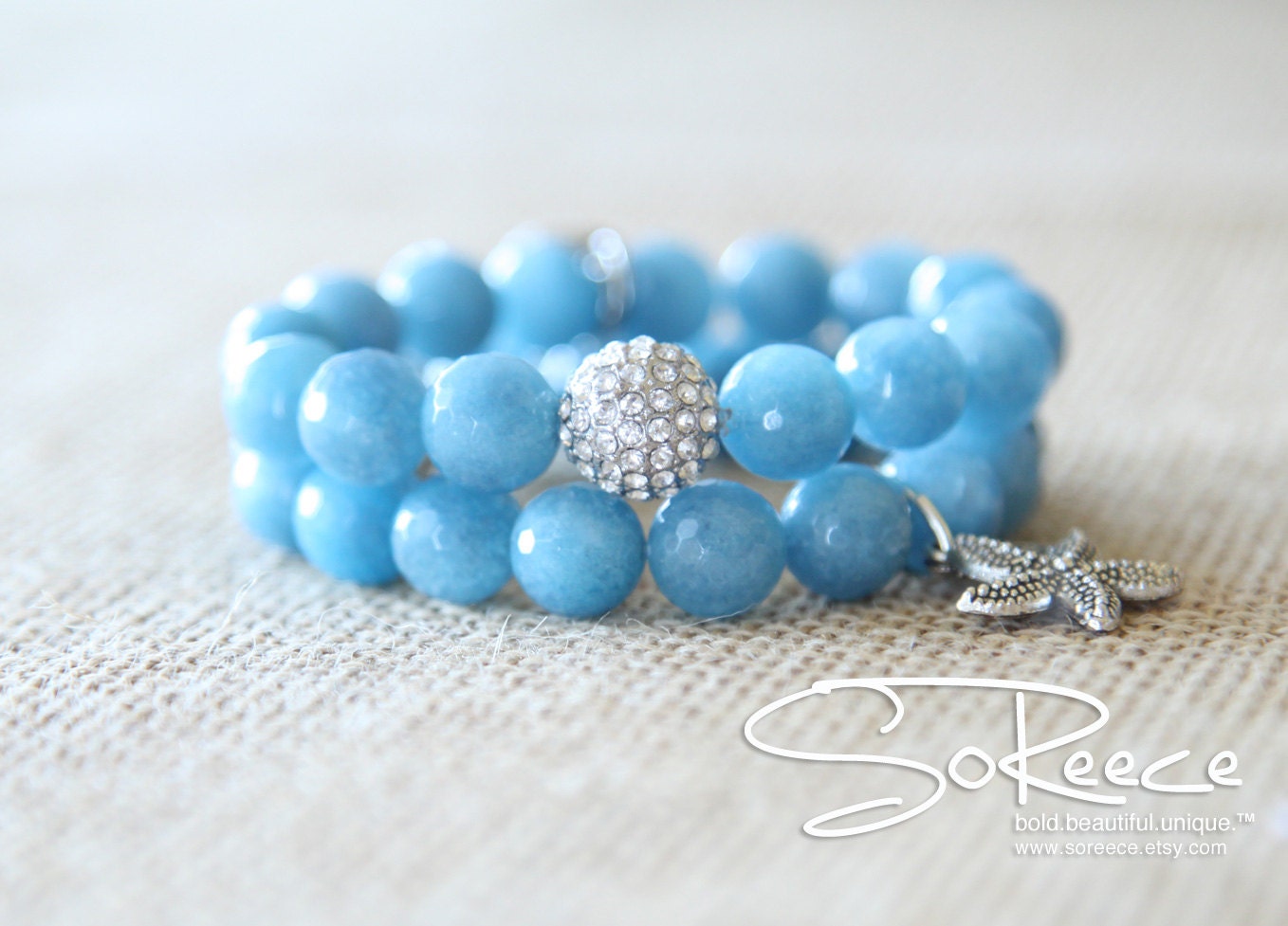 Blue agate Genuine Gemstone beaded bracelet with silver Pave crystal bead and silver pewter charms