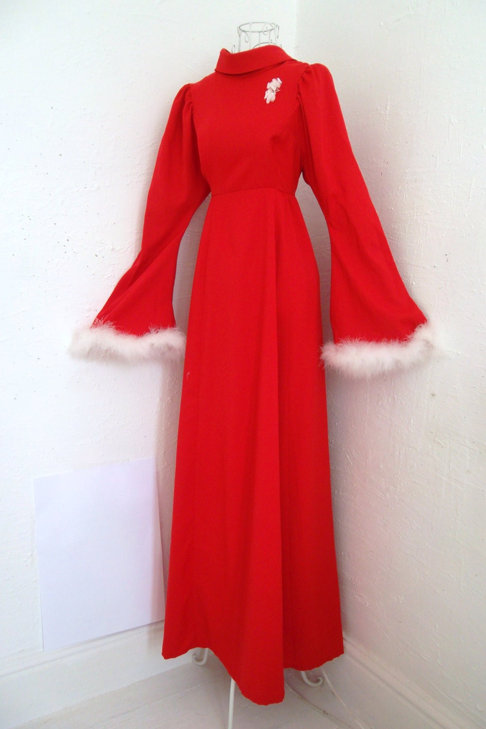 Vintage 70s EMPIRE line Angel bell sleeve Red feather maxi ball gown dress 10 8 Merry Christmas