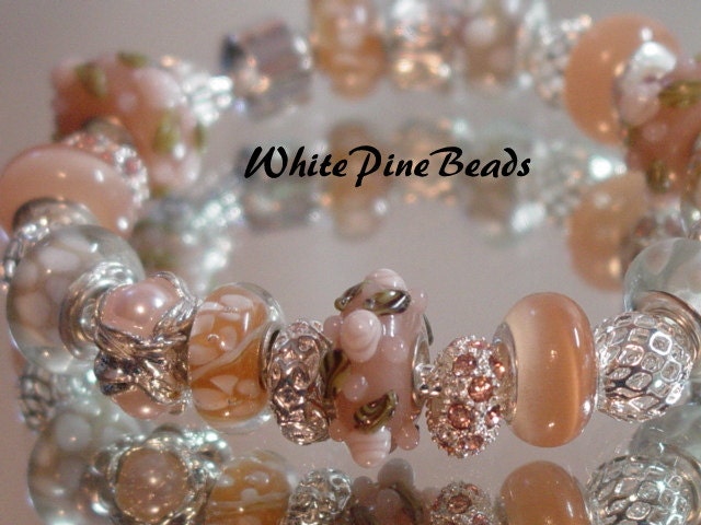 European Style Charm Bracelet    Peaches and Cream Handmade Murano Glass Lampwork Bead