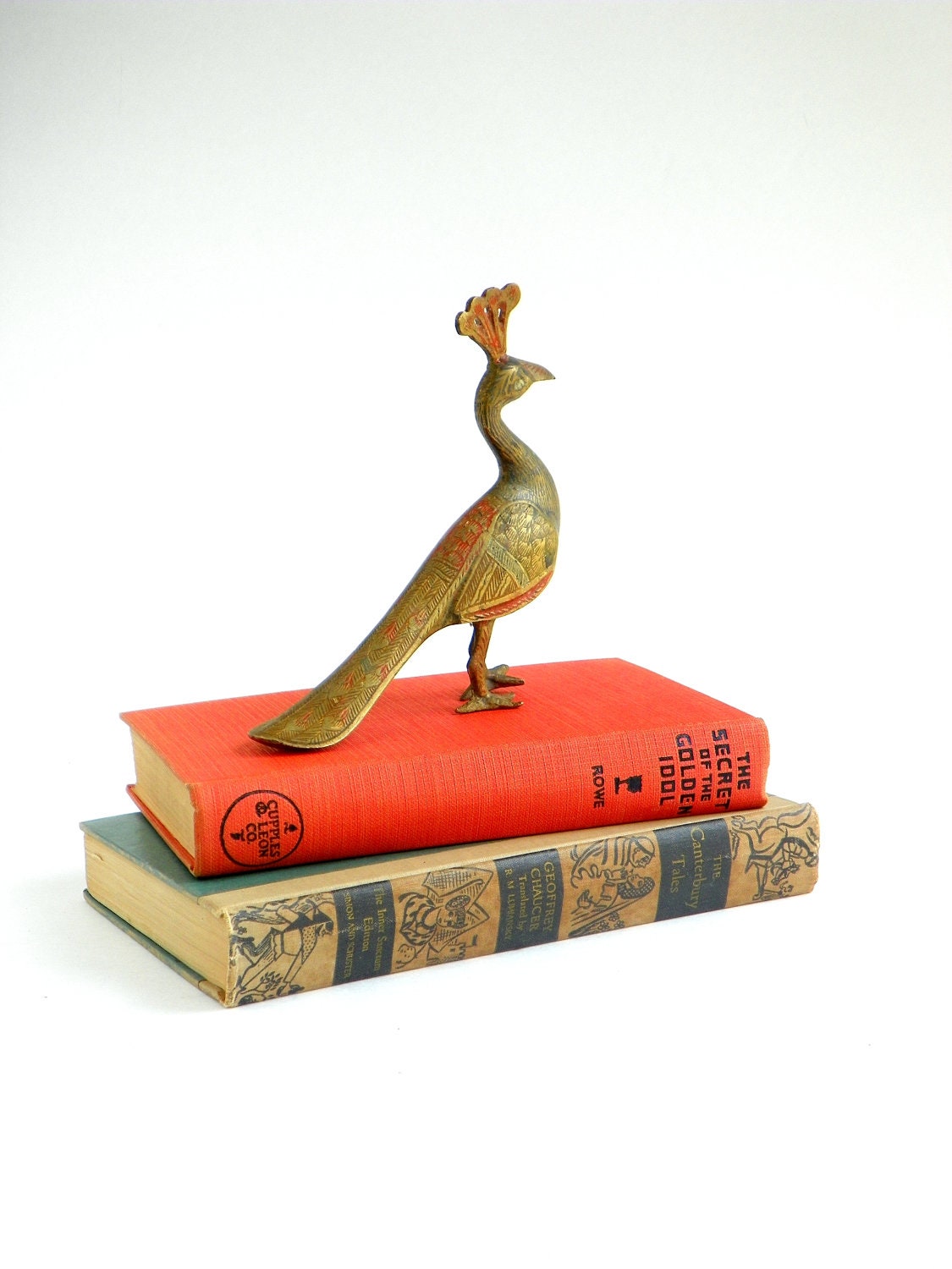 Vintage Brass Peacock with Painted Detail