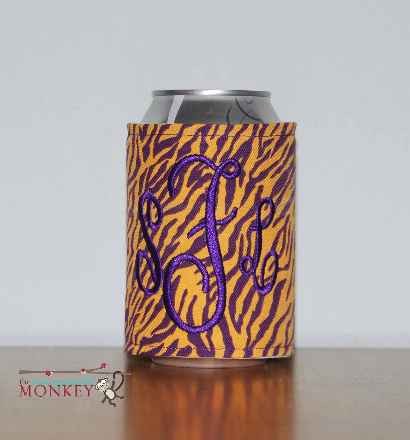 Custom Boutique TIger Print Personalized Monogrammed Insulated Drink Can Koozie Cozy Coozie Drink Hugger Drink Huggie Coosie Koosie