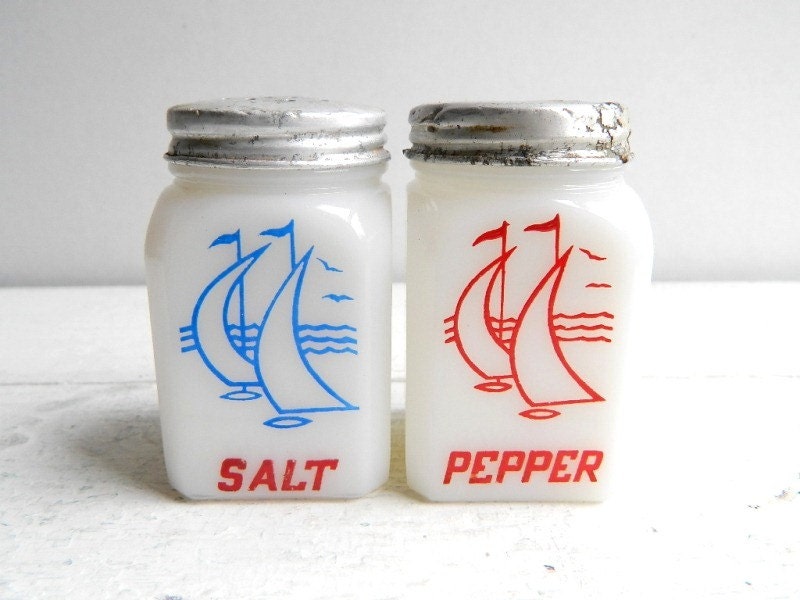 Vintage Sailboat Milk Glass Salt & Pepper Shakers - McKee - 1940