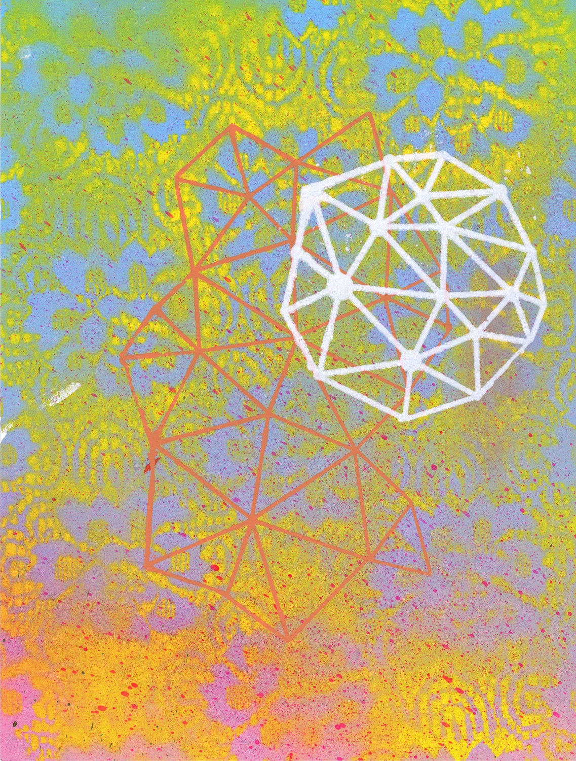 Geometric Yellow and Blue Floral Print, 8.5"x11", screen print on paper