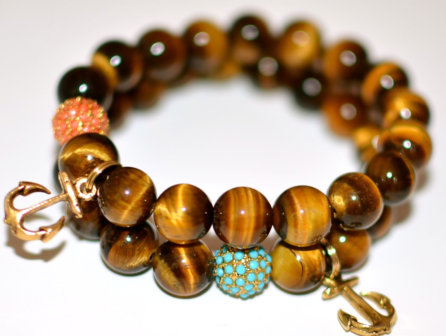 Tiger Eye "Anchors Away" Semi Precious Gemstone Beaded Bracelets with Turquoise or Coral Swarovski Crystals & Gold Anchor Charm