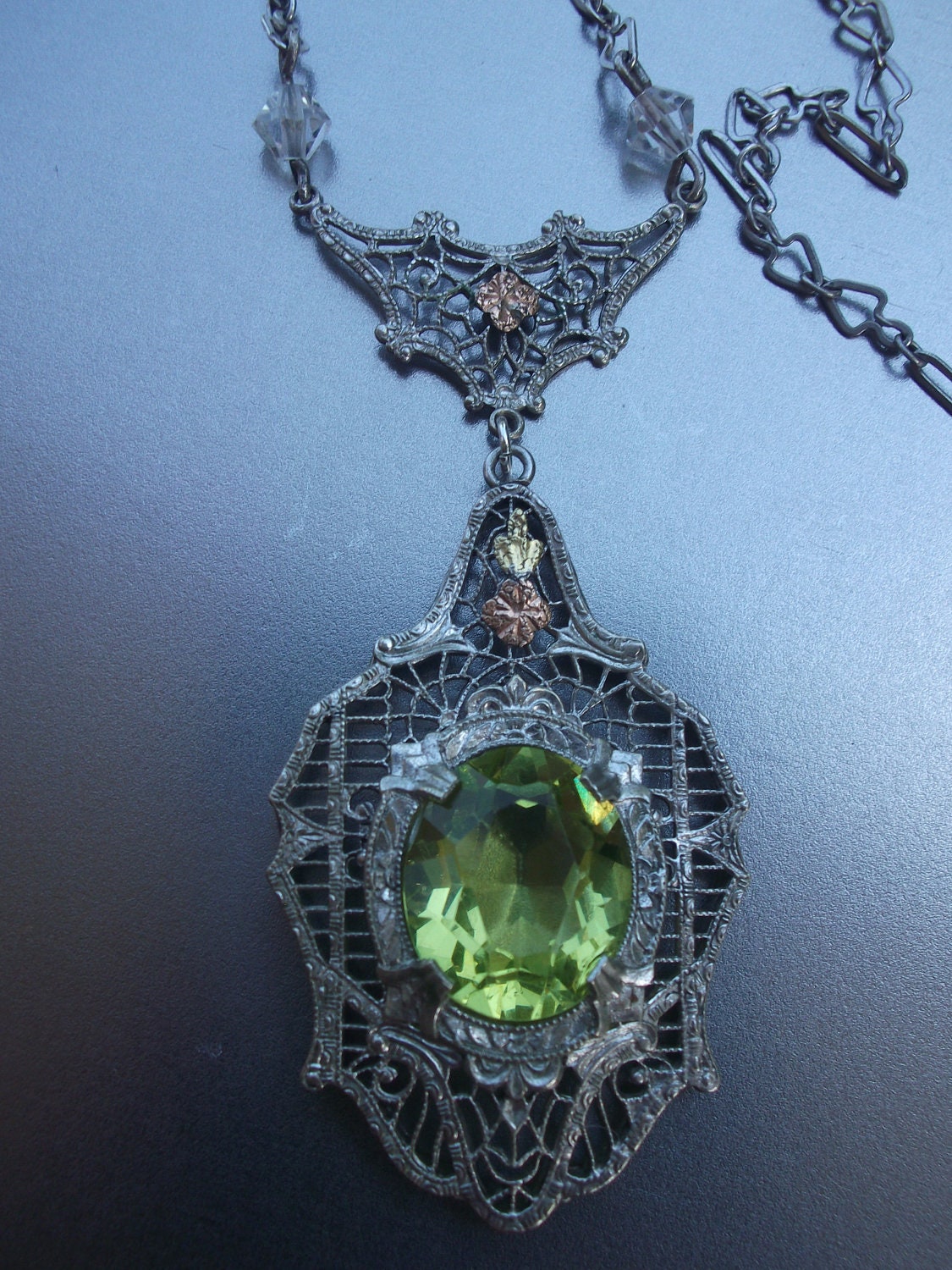 Art Deco Peridot Green Rhodium Filigree Crystal necklace