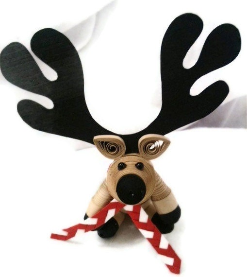 Reindeer Christmas Ornament Paper Quilled with Bright Red and White Scarf