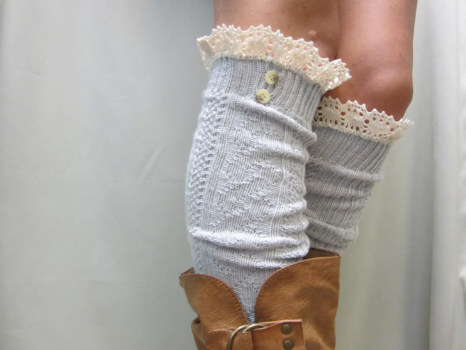 Swiss LACE BOOT SOCKS Silver grey / European styling for tall boots - knee cable knit womens Catherine Cole Studio / made in usa
