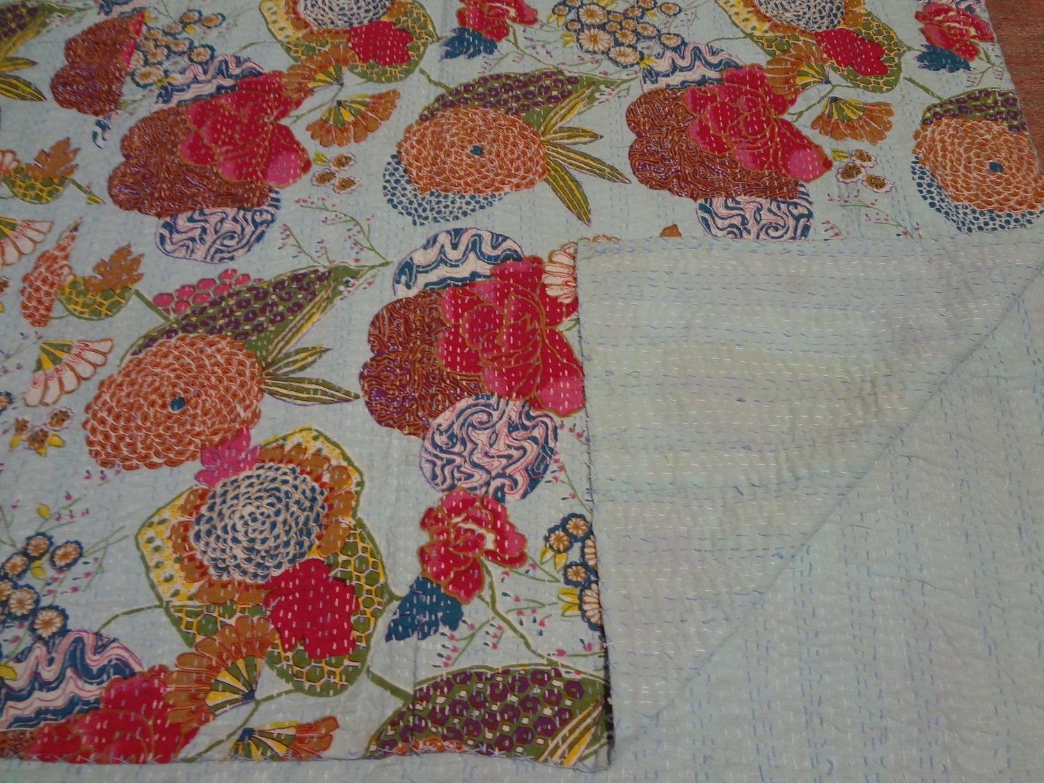 reversible tropical handmade Kantha Quilt
