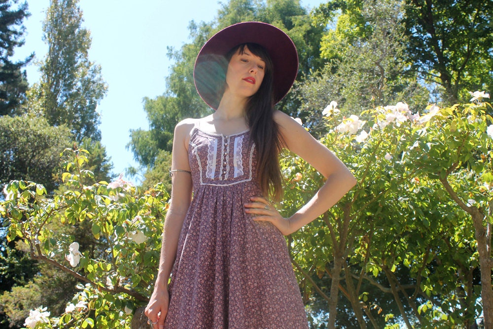70s GUNNE SAX Lilac Purple Lace Trim Maxi Prairie Peasant Dress Size S / XS