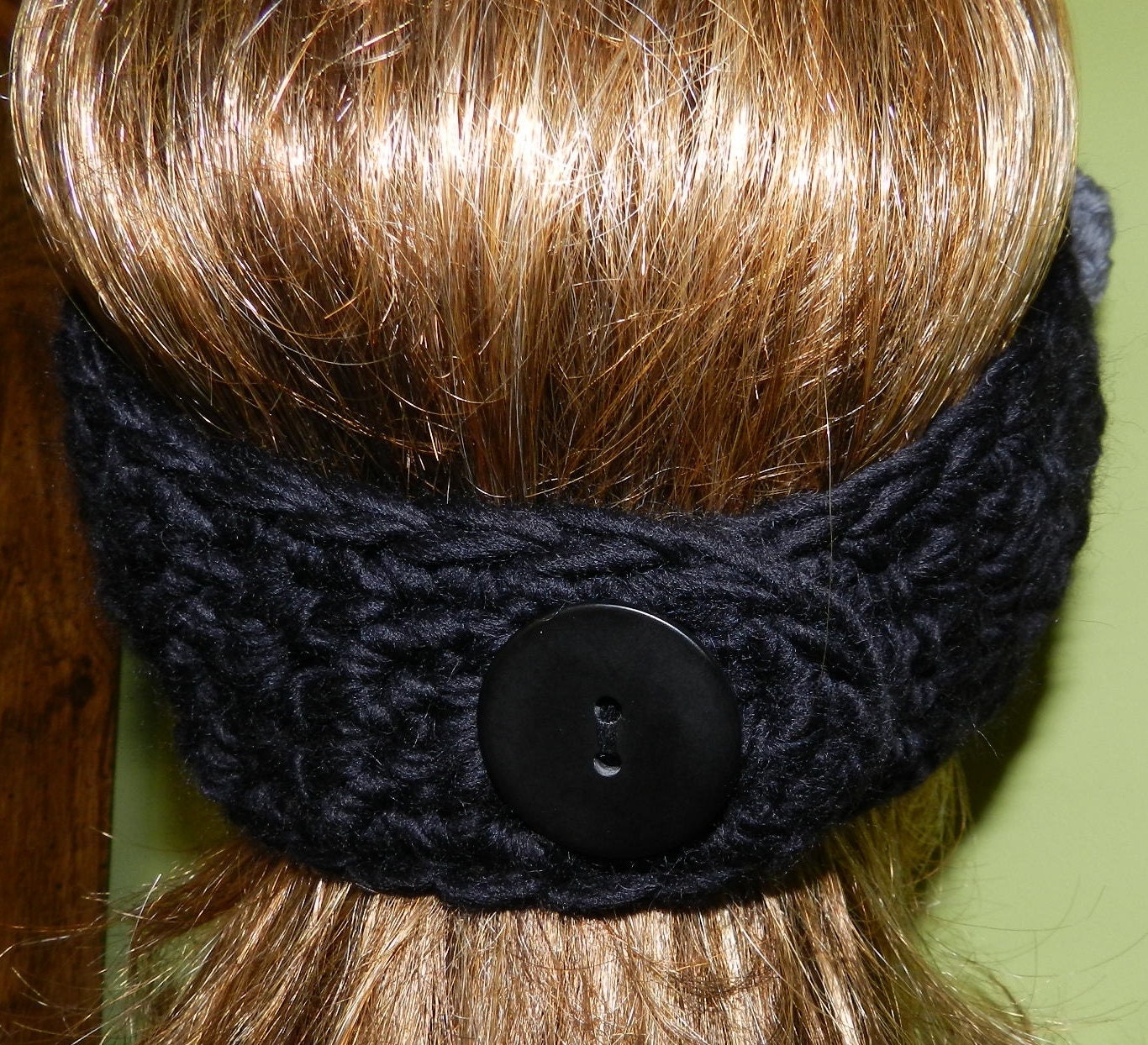 Hand Crochet Womens Headband Head Warmer Headwrap Headband in BLACK color with big flower  PERUVIAN WOOL
