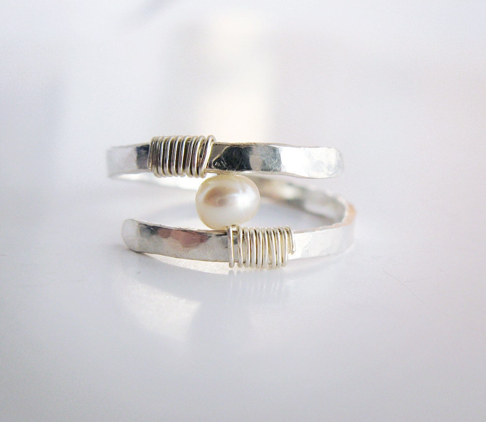 Pearl Engagement Ring - Pearl Wedding Ring - Hammered Sterling Silver - Modern Contemporary Ring - Wire Wrapped Pearl Ring - Wedding Gift