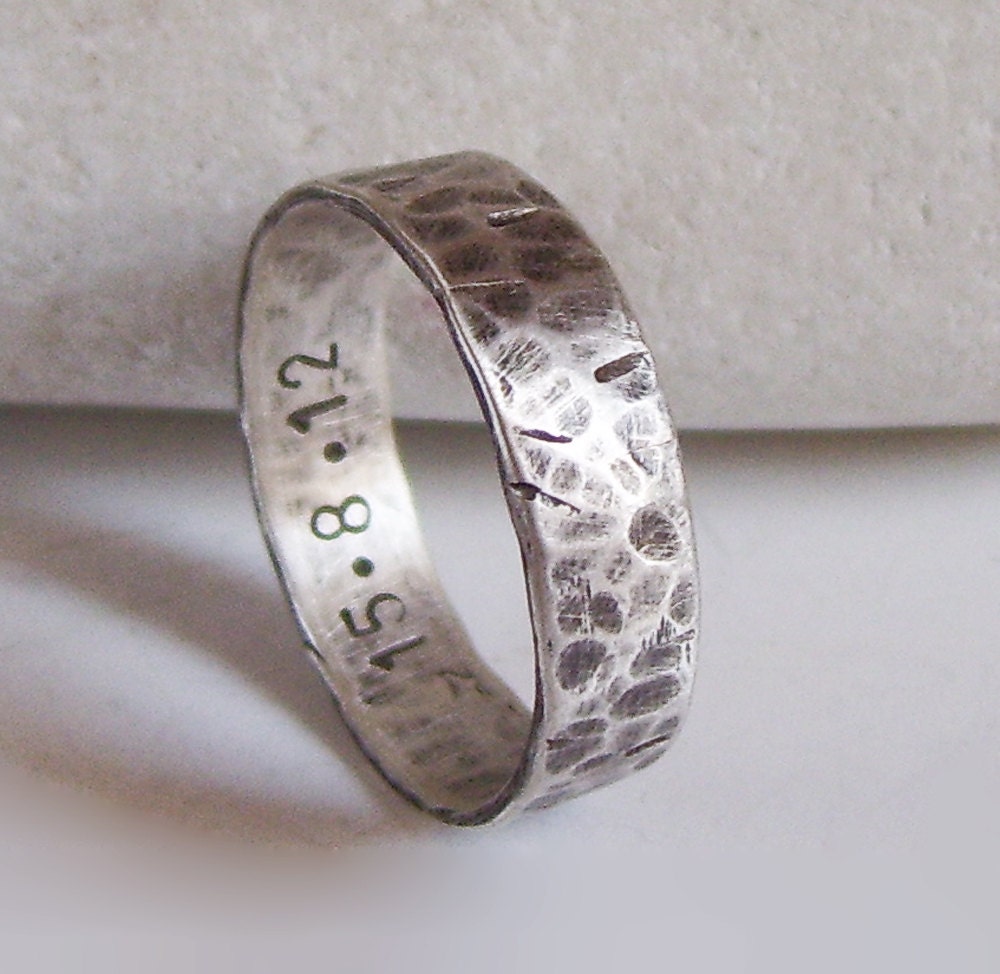 Wide Hammered Oxidized Sterling Silver Ring - Men/Woman Wedding Band -Custom Hand Stamped Personalized Date Initials, Fine Jewelry -5mm wide