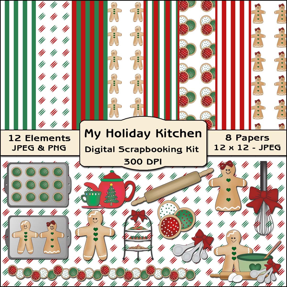 My Holiday Kitchen Digital Scrapbooking Kit - Chirstmas Clipart, Food Clipart, Kitchen Clipart, Holiday Digital Papers, Digital Backgrounds