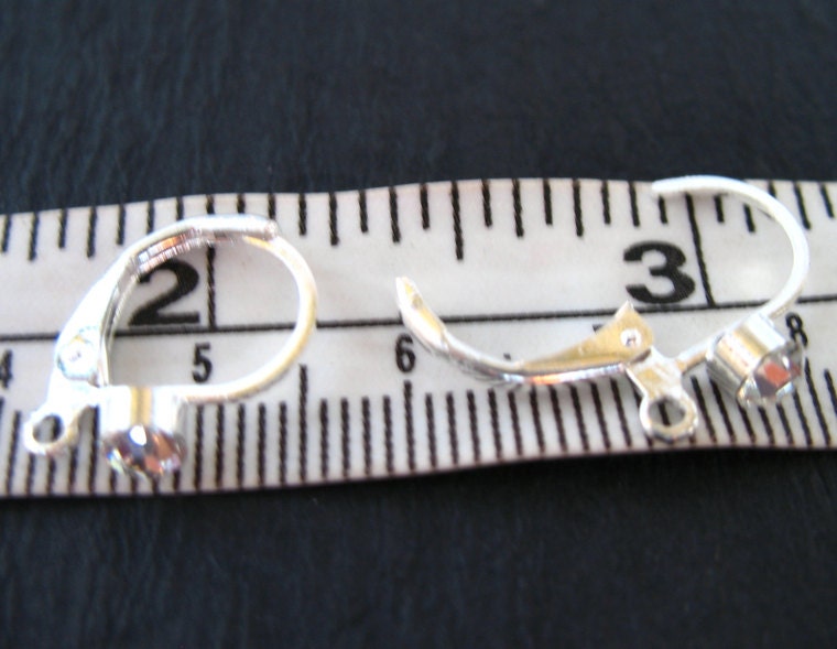 Silver Leverback Earring Wires, Rhinestone Crystal, Silver Plated Over Copper, 3 Pairs