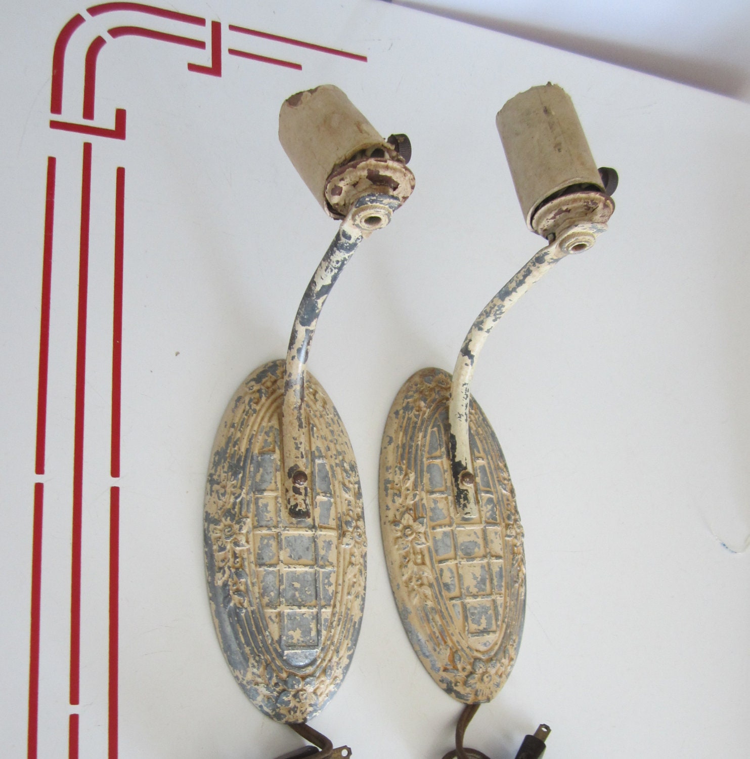 Vintage 1920s Wall Sconces Pair-Arts & Crafts-Chippy Paint Shabby Chic Boudoir Décor-Architectural Salvage