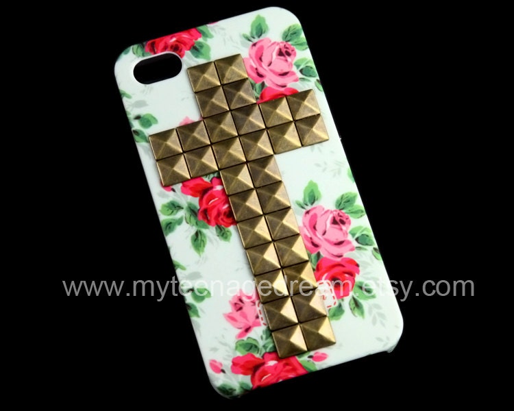 Studded Iphone 4 Case, iPhone 4s Case, iPhone Case 4 bronze Cross pink Flower Rose white IPHONE 4/4S Case----for Apple iPhone 4 Cases,