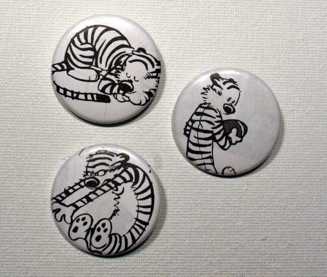 3 Badge set, Calvin & Hobbes, recycled comic strips
