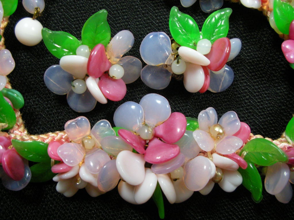 Vintage Glass Necklace & Earrings Set Signed Western Germany