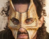 Superhero, Egyptian Cat, Sphinx, Leather Mask, Gold and Tan, Samhain, Halloween, Costume, Hand Sculpted, Lightweight, OOAK