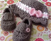 Baby Girl Hat and Mary Jane Shoe Set - Handmade Modern Crochet Booties - Cloche Hat Bow - Infant Size 0 to 3 Months - Shoe Size 1