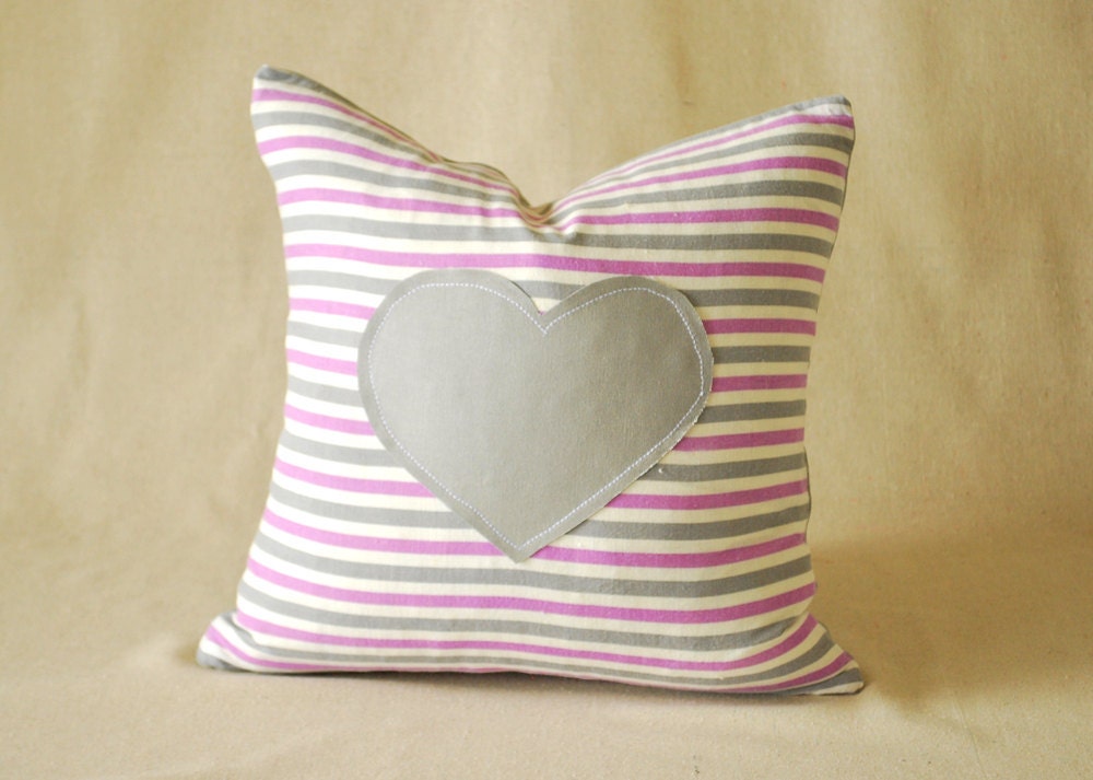 Pillow Cover Vintage Purple and Gray Stripes with Heart 16"x16"