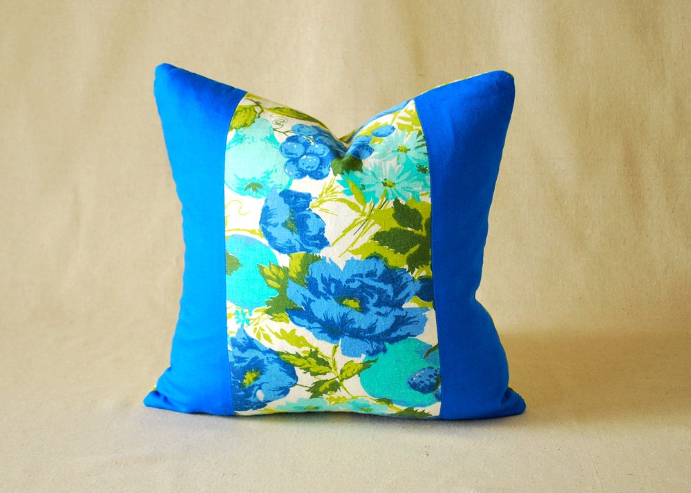Vintage Pillow Cover  Royal Blue and Lime Green Floral 16"x16"