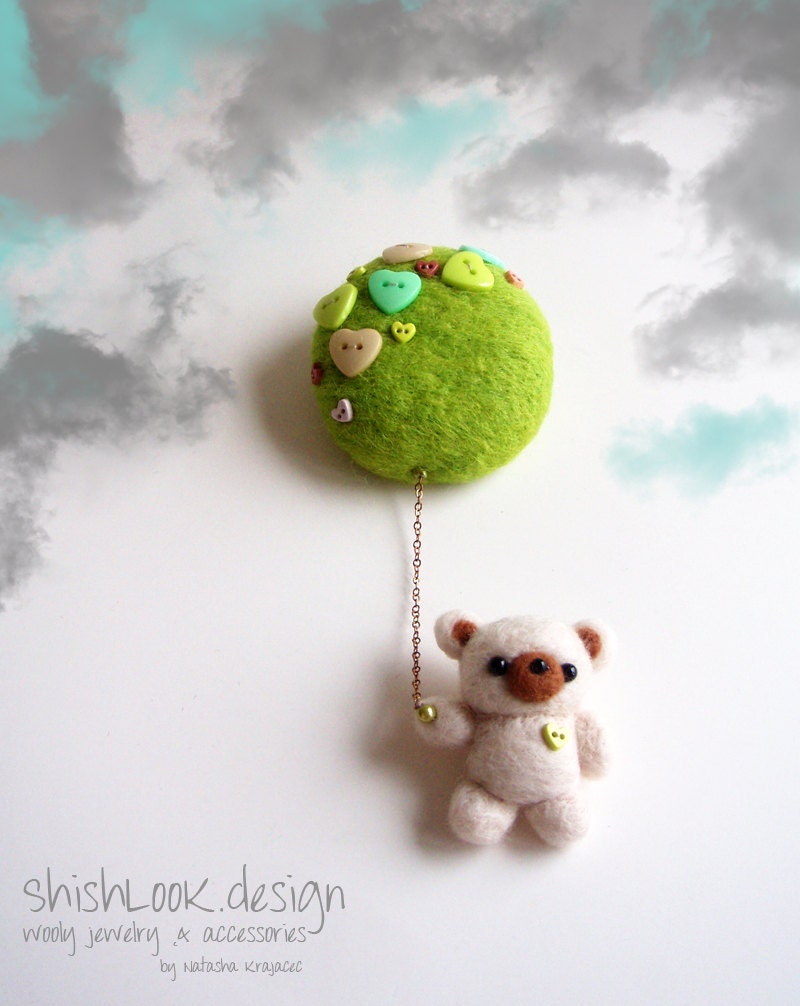 Little Flying Bear, Hand Felted Brooch, Felt Bear,Animal Pin, Wool Jewelry (MADE TO ORDER)
