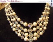 Vintage Beaded Bib Necklace by Laguna 1950's 1960's 4 Strand Glass AB & Faux Pearl Collectible Jewelry Mad Men Mod Accessories