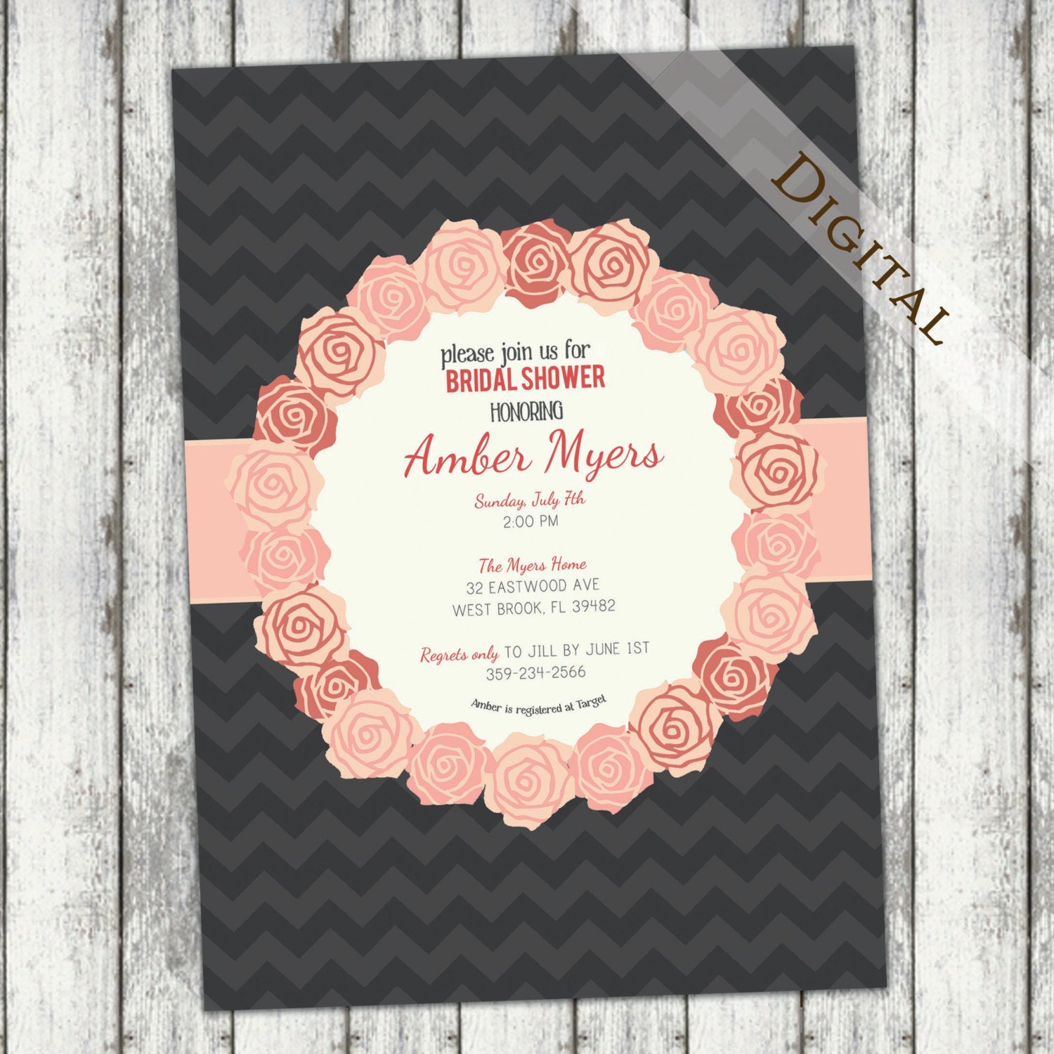 Rustic Bridal Shower Invitation with chevron and flowers, pink and grey wedding invite, digital,personal,rustic, printable, (item126)